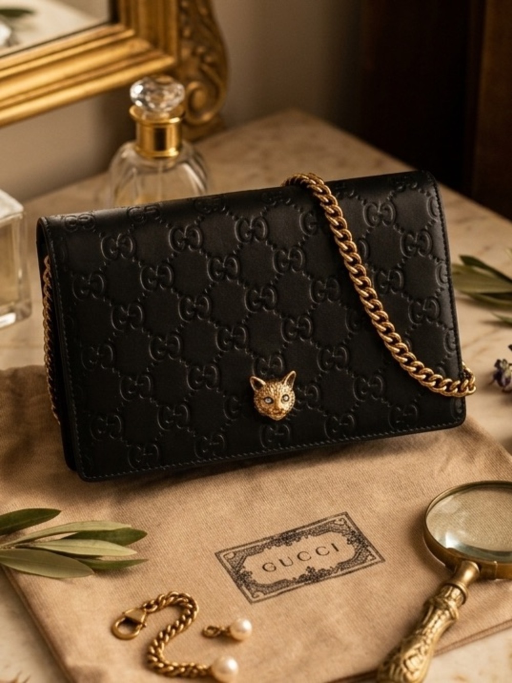 Authentic Guccissima Linea Cat Animalier Wallet On Chain- FREE COA